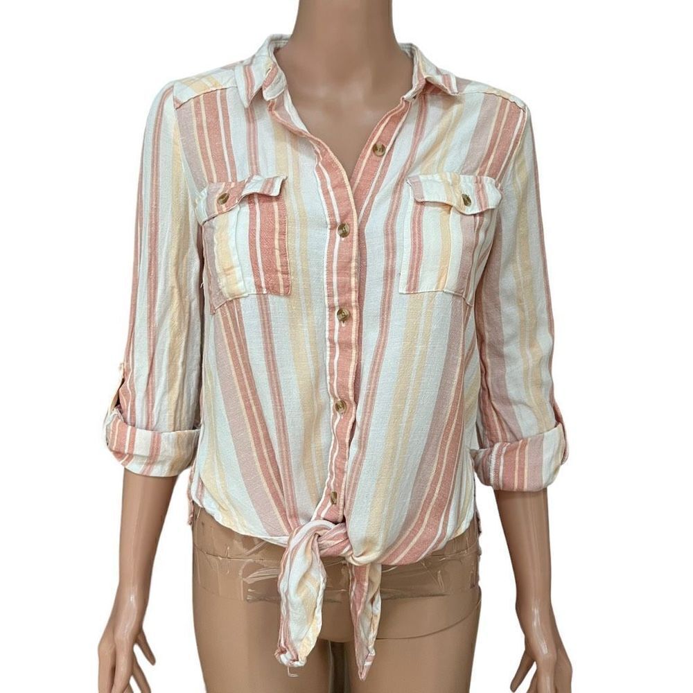 Thread & Supply Linen Blend Roll Tab Long Sleeves Blouse front tie size S
